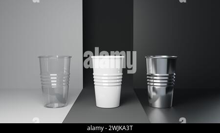 rendering 3d di un gruppo di tazze di plastica su sfondo in scala di grigi Foto Stock