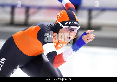 15-02-2024 SCHAATSEN: ALLENAMENTO WK AFSTANDEN: CALGARY Irene Schouten (NED) è medaglia d'oro su 3000m donne durante i Campionati ISU a distanza singola il 15 febbraio 2024 all'Oval Olimpico di Calgary, Canada crediti: SCS/Soenar Chamid/AFLO/Alamy Live News Foto Stock