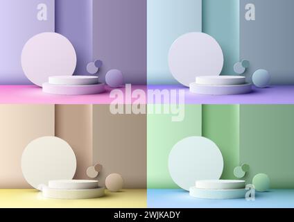 Il 3D di un podio bianco con uno sfondo colorato brillante è perfetto per mostrare prodotti o altri articoli. Il design minimalista lo rende versatile ed elegante Illustrazione Vettoriale