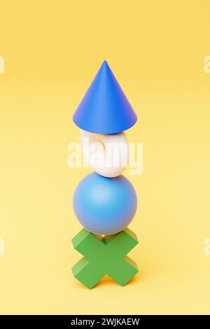 Piramide multicolore di varie figure di bilanciamento, rendering 3D. Foto Stock