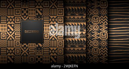 Set di pattern etnici dorati disegnati a mano con vettore senza cuciture. Sfondo dorato astratto su nero. Collezione di stampe Navajo tribali indiane scure. Riempimento pagina Web Illustrazione Vettoriale