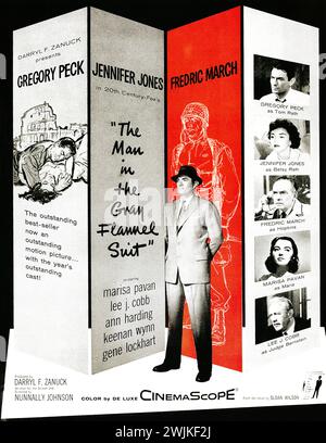 1956 L'UOMO NELLA TUTA GRIGIA IN FLANELLA poster e pubblicità a stampa. 20th Century Fox film con Jennifer Jones e Gregory Peck. Diretto da Nannaly Johnson Foto Stock