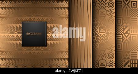 Set di pattern etnici dorati disegnati a mano con vettore senza cuciture. Sfondo dorato astratto. Lussuosa collezione di stampe Navajo indiane tribali. Riempimento pagina Web Aztec Illustrazione Vettoriale