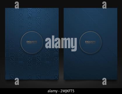 Set vettoriale di modelli di imballaggio blu con diverse texture geometriche per prodotti di lusso. Design della cornice per il logo. Origini etniche messicane Illustrazione Vettoriale