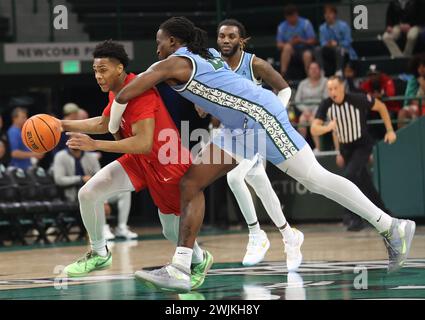 New Orleans, Stati Uniti. 15 febbraio 2024. Tulane l'attaccante dei Green Wave Kevin Cross (24) fallo con Samuell Williamson (10), attaccante dei Southern Methodist Mustangs, durante una partita di basket maschile dell'American Athletic Conference alla Fogleman Arena di New Orleans, Louisiana, giovedì 15 febbraio 2024. (Foto di Peter G. Forest/Sipa USA) credito: SIPA USA/Alamy Live News Foto Stock