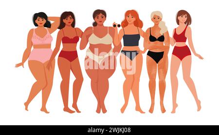 Donne diverse di etnie, figure e forme diverse si uniscono e si abbracciano. Illustrazione vettoriale in stile piatto Illustrazione Vettoriale