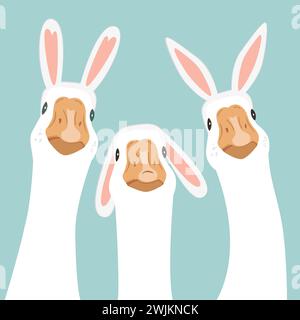 Tre graziose oche che indossano orecchie da coniglio pasquale. Elemento di design del saluto pasquale. Illustrazione vettoriale isolata su sfondo blu Illustrazione Vettoriale