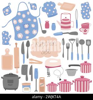Set vettoriale di utensili da cucina. Utensili da cucina su sfondo bianco. Illustrazione Vettoriale