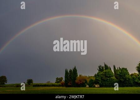 Un arcobaleno sulla campagna toscana a Fauglia, Pisa, Italia Foto Stock