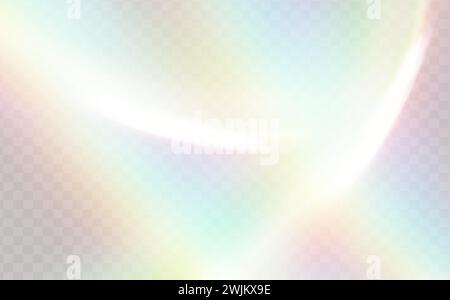 Sovrapposizione per gli sfondi.concetto di prisma triangolare.lente vettoriale colorata, luce arcobaleno cristallina ed effetti luminosi trasparenti. Illustrazione Vettoriale