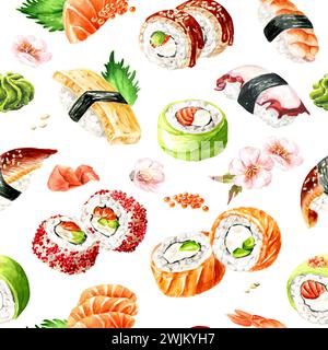 Sushi giapponese, disegno ad acquerello senza cuciture, isolato su sfondo bianco Foto Stock