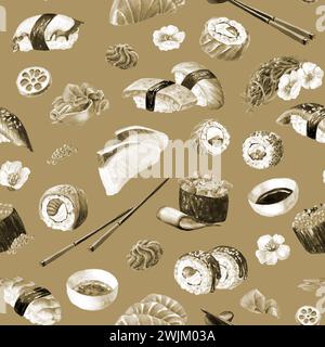 Sushi giapponese, disegno ad acquerello a mano senza cuciture Foto Stock