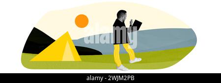 Giovane uomo che ha una videochiamata online, una conferenza di lavoro con i colleghi da remoto, che lavora in vacanza. Collage d'arte contemporanea. Foto Stock