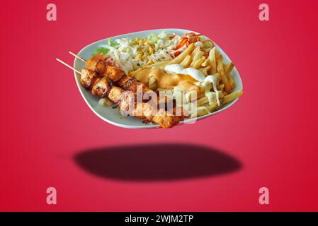 Piatto galleggiante con brochette di pollo e patatine fritte su sfondo rosso sfumato Foto Stock