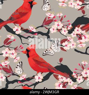 Cardinale senza cuciture e ciliegio in fiore Illustrazione Vettoriale