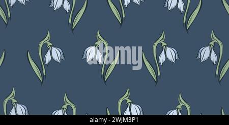 Motivo floreale botanico a goccia di neve senza cuciture. Disegni in linea disegnati a mano con foglie e fiori invernali per inviti e biglietti di nozze, prodotti tessili, wra Illustrazione Vettoriale