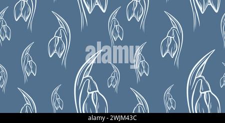 Motivo floreale botanico a goccia di neve senza cuciture. Disegni in linea disegnati a mano con foglie e fiori invernali per inviti e biglietti di nozze, prodotti tessili, wra Illustrazione Vettoriale