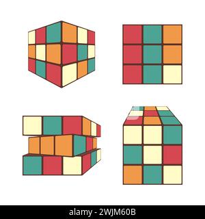 Un set di giocattoli, puzzle, cubi da diversi punti di osservazione. Illustrazione vettoriale in stile anni '90 su sfondo bianco. Illustrazione Vettoriale