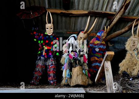 Caretos di Lazarim (Lamego) in Vibo maschera di Vilariño de Conso, Ourense, Spagna Foto Stock