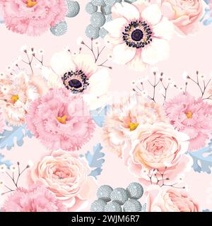 Motivo senza cuciture con anemoni e rose Illustrazione Vettoriale