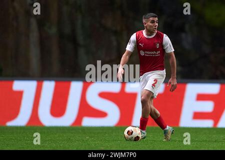 Victor Gomez del SC Braga in azione durante la partita UEFA Europa League tra SC Braga e Qarabag FK all'Estadio Municipal de Braga il 15 febbraio 2024 a Braga, Portogallo. Foto Stock