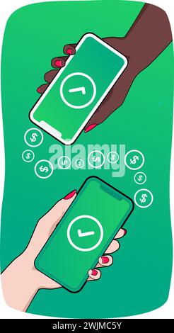 Concetto di flusso di denaro. Pagamento mobile riuscito. Ricevuto e trasferito con il segno di spunta sullo schermo. La mano di una donna che effettua transazioni con lo smartphone. Illustrazione Vettoriale