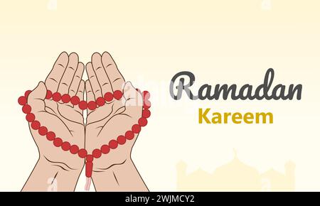 Concetto di Ramadan kareem. Mani musulmane che tengono perline di preghiera per dhikr e pregano dio. Illustrazione vettoriale. Illustrazione Vettoriale