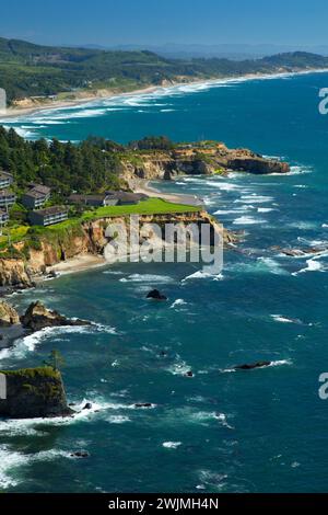 Vista sulla costa da Cape Foulweather, Otter Crest State Park, Pacific Coast Scenic Byway, Oregon Foto Stock