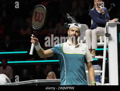 Rotterdam, paga Bas. 16 febbraio 2024. Grigor Dimitrov di Bulgaria contro Alexander Shevchenko del Kazakistan, quarti di finale durante l'ABN AMRO Open 2024, torneo di tennis ATP 500 il 16 febbraio 2024 a Rotterdam, Paesi Bassi - foto Laurent Lairys /DPPI credito: DPPI Media/Alamy Live News Foto Stock