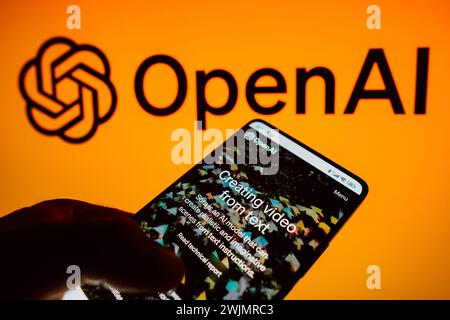 Brasile. 15 febbraio 2024. In questa illustrazione fotografica, la home page di Sora, OpenAI video intelligenza artificiale viene visualizzata sullo schermo di uno smartphone e sullo sfondo del logo OpenAI (Credit Image: © Rafael Henrique/SOPA Images via ZUMA Press Wire) SOLO PER USO EDITORIALE! Non per USO commerciale! Foto Stock