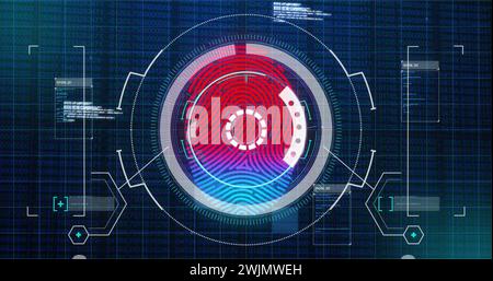 Immagine della scansione dell'oscilloscopio, controllo di sicurezza delle impronte digitali biometriche blu ed elaborazione dei dati Foto Stock