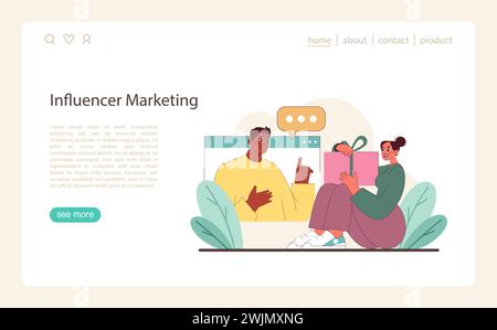 Concetto di Influencer Marketing. Una rappresentazione visiva delle partnership degli influencer, che mette in evidenza l'approccio collaborativo alla promozione del marchio e al coinvolgimento dei consumatori. Illustrazione vettoriale piatta. Illustrazione Vettoriale