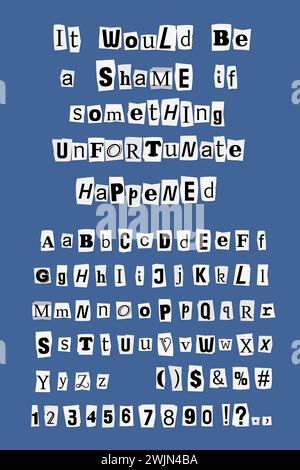 Tagliate le lettere di giornale per un messaggio criminale anonimo. Raccolta di lettere e numeri di rottami di riscatto o di ricatto. Illustrazione Vettoriale