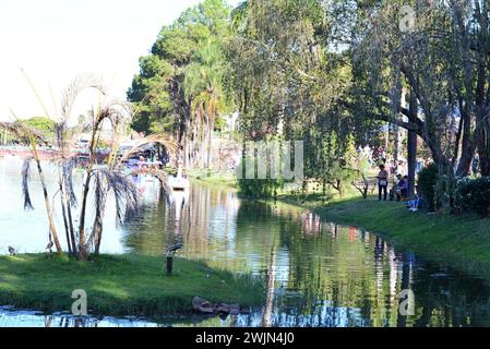 Gite in barca a remi o pagaiate sul lago con gente a riva, panoramica, selettiva, località turistica Foto Stock