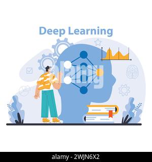Concetto di modello AI. Uno sguardo dettagliato ai livelli di deep learning e alle reti neurali artificiali. Approfondimenti sui complessi meccanismi dell'intelligenza artificiale. Illustrazione vettoriale piatta. Illustrazione Vettoriale