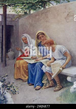 Illustrazione di Timoteo e di sua madre Eunice e della nonna Lois che gli insegnano la fede (lettera a Timoteo) nuovo Testamento Foto Stock