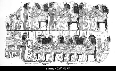 Incisione in legno dell'intrattenimento egiziano che mostra la forma delle sedie di un dipinto nel British Museum della famiglia illustrata del XIX secolo Foto Stock