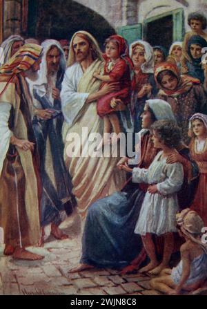 Illustrazione di Gesù Cristo che riceve bambini piccoli (Vangelo di Marco) nuovo Testamento di Harold Copping Foto Stock
