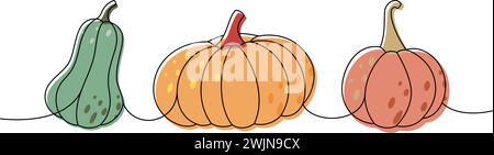 Zucche autunnali. Zucche colorate con una linea di disegno continuo. Illustrazione continua di verdure di halloween autunnali su una riga. Illustrazione Vettoriale