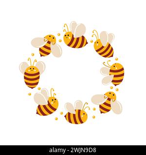 Le api felici volano in cerchio in una simpatica illustrazione. Simpatica illustrazione per il sito web, design per bambini Illustrazione Vettoriale