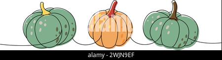 Set di zucche. Zucche di halloween autunnale una linea colorata disegno continuo. Illustrazione continua di verdure di halloween autunnali su una riga. Illustrazione Vettoriale