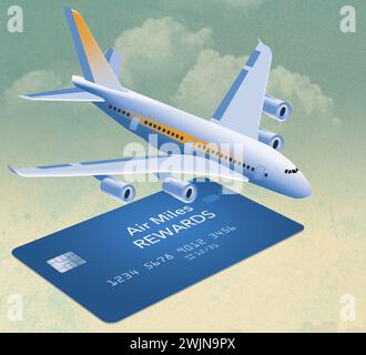 Una carta di credito premio Air Miles viene vista isolata su uno sfondo cielo con un aereo di linea in un'illustrazione in 3D dei premi per i frequent flyer. Foto Stock