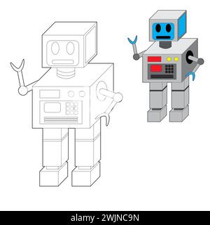 Grazioso elemento colorante robot per colorare pagina o libro, facile colorazione per i bambini Illustrazione Vettoriale