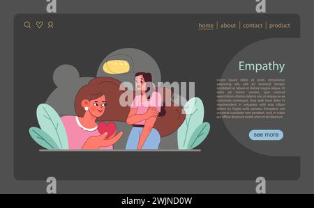 Concetto di empatia. Una persona offre un cuore simbolico all'altra, raffigurando la condivisione delle emozioni e la comprensione. Illustrazione vettoriale piatta. Illustrazione Vettoriale