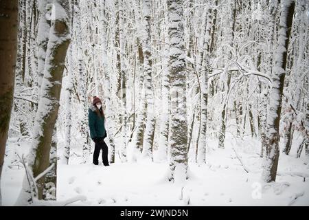 Una figura solitaria sorge in una foresta coperta di neve, con alberi rivestiti di bianco che si estendono sullo sfondo. La persona sta indossando una giacca color verde acqua e. Foto Stock