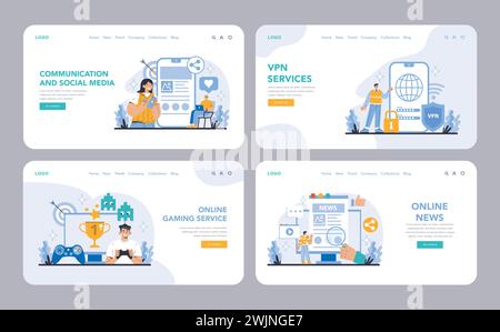 Set di pagine Web o di destinazione dei servizi Internet. Presentazione di comunicazioni, sicurezza VPN, intrattenimento di gioco e aggiornamenti sulle notizie. Integrazione dei servizi online nella vita quotidiana. Illustrazione vettoriale piatta. Illustrazione Vettoriale