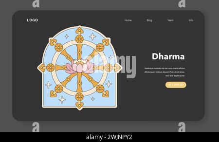 Illustrazione della ruota Dharma. Rappresentazione simbolica degli insegnamenti di Buddha e del percorso verso l'illuminazione. Illustrazione vettoriale piatta Illustrazione Vettoriale