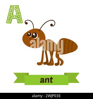 ANT. Una lettera. Carini alfabeto animale per bambini in vettore. Simpatici animali da cartone animato. Illustrazione vettoriale Illustrazione Vettoriale