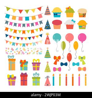 Set di elementi di design per feste di compleanno. Palloncini colorati, bandiere, coriandoli, cupcake, regali, candele, archi e nastri decorativi. Illustrazione vettoriale Illustrazione Vettoriale