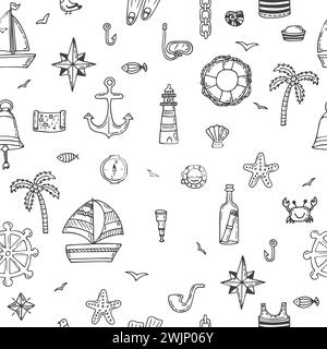 Disegno nautico senza cuciture disegnato a mano. Icone nautiche. Simboli marini. Illustrazione vettoriale Illustrazione Vettoriale